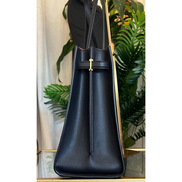 Tory Burch Walker Robinson Black Leather Tote Bag With Burgundy Tag & Gold Hardw - Picture 2 of 11